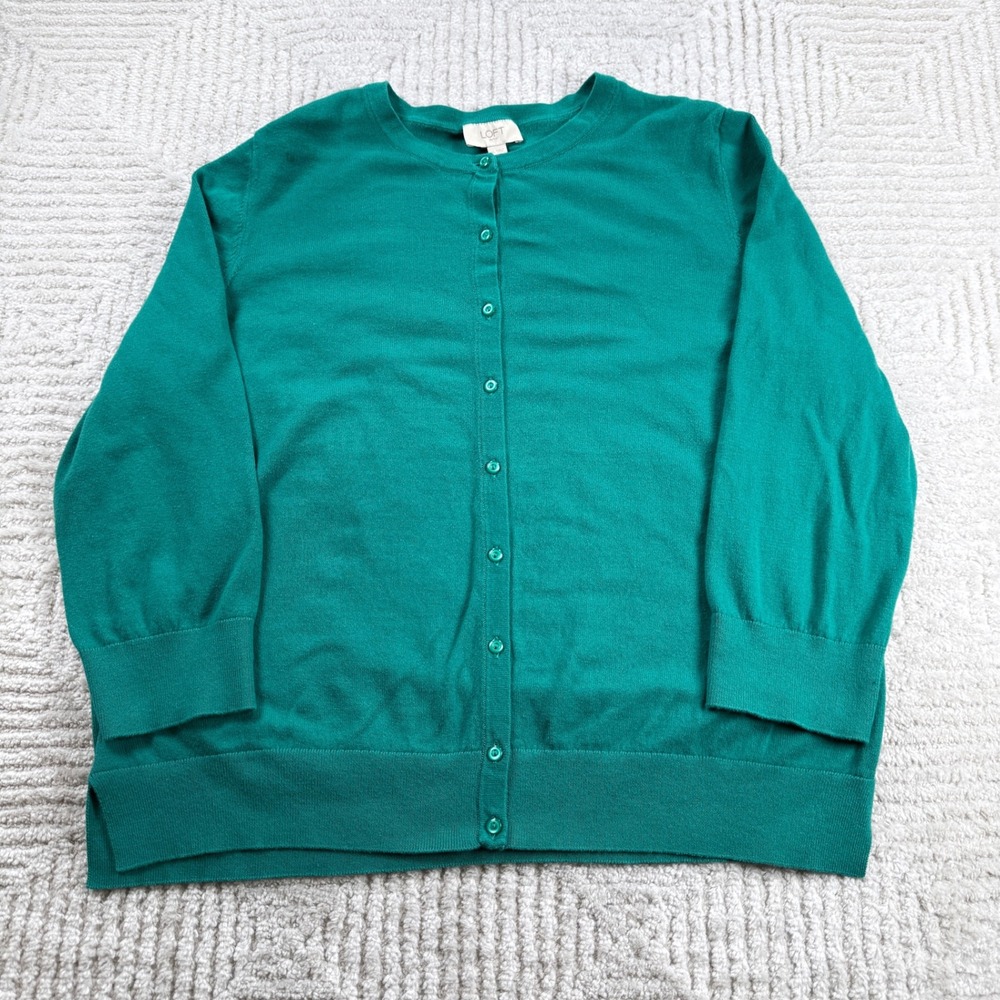 Loft Cardigan Women's XL Green Cotton Preppy Office Minimalist Teacher Classic